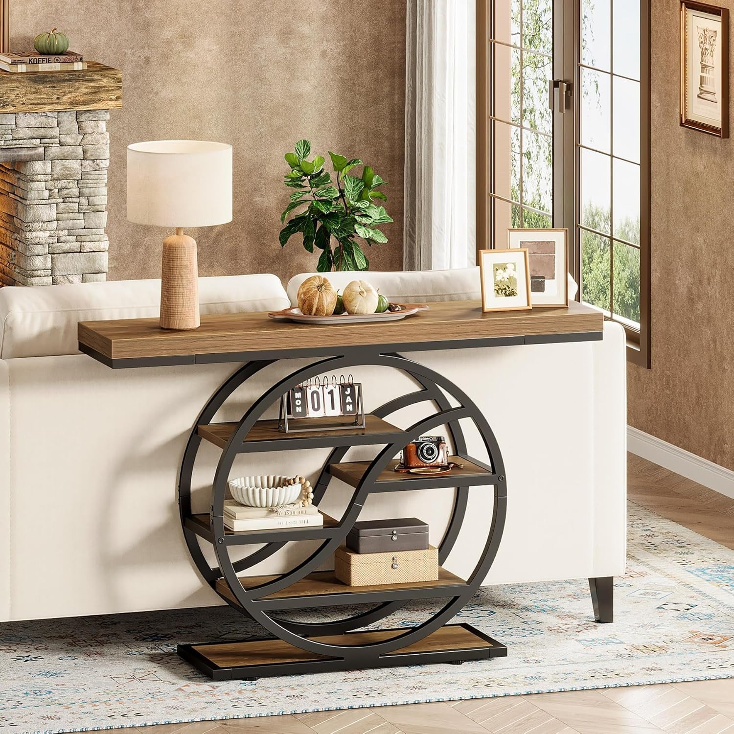 Image of 120cm Console Table, Industrial Style 5-tier Sofa Table/hallway Table With Circular Base, Narrow Wooden Accent Tables With Storage Shelves For Living Room, Hallway Or Foyer, Brown