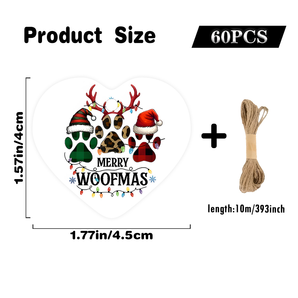 TEMU 60pcs Heart-shaped Christmas Gift Tags With Animal Paw & Antler Decorations Suitable For Holiday Gifts, Party Decorations, Gift Boxes -