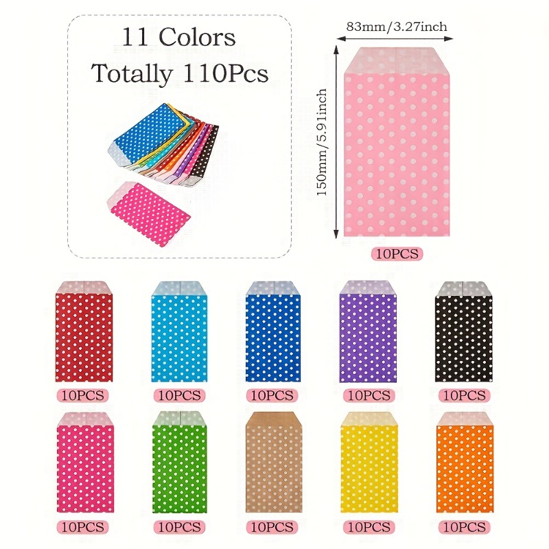 TEMU 110pcs Mixed Color Paper Bags, 15x8.3cm, 11 Assorted Colors With White Polka Dot Pattern, Flat Storage Bags Without Handles For Party Favors,