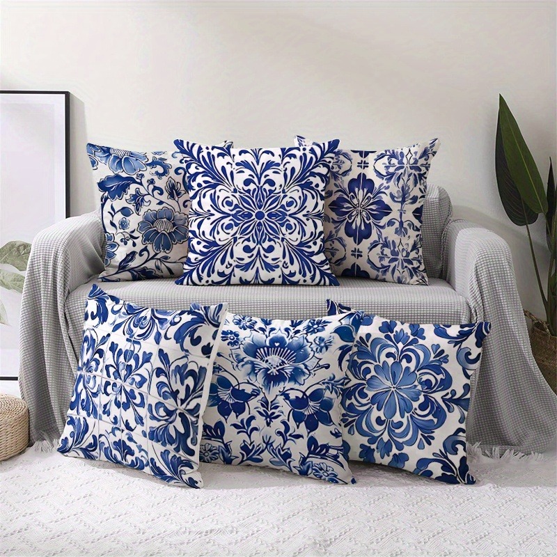 TEMU 6pcs Set: Single-sided Printed Blue And White Porcelain Floral Pillowcases, Blue Geometric Floral Cushion Covers, Square Sofa Throw Pillow