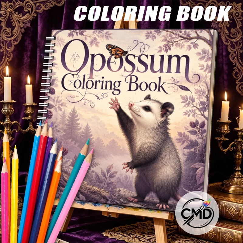 TEMU Cmd Opossum Spiral-bound Coloring Book, 24 Pages Of Stress & Relaxing Woodland Artwork, Perfect Gift For Birthdays, Christmas, Halloween,