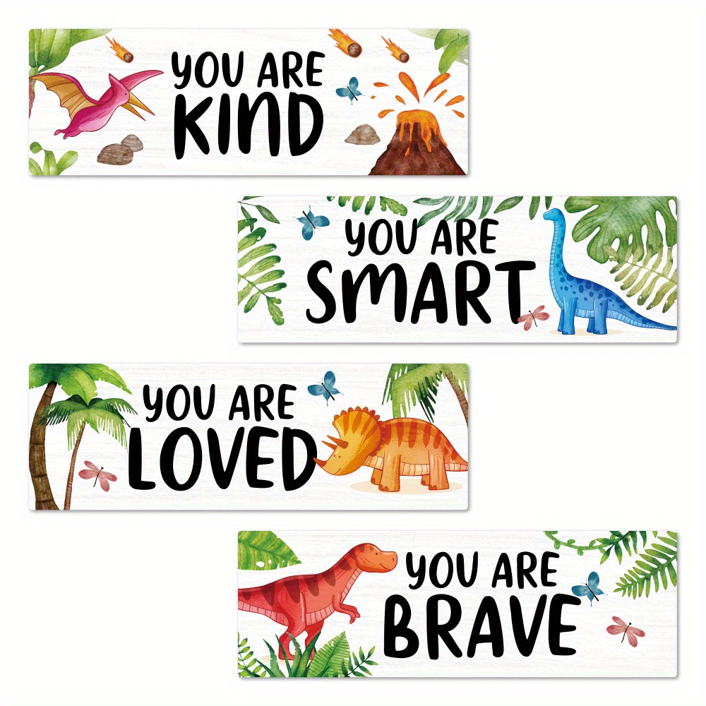 TEMU 4pcs Set Of Inspirational Quote Wooden Hanging Signs: "you Are Kind, You Are Smart, You Are Brave, ," Cute Dinosaur Wall Art Decor, Suitable For