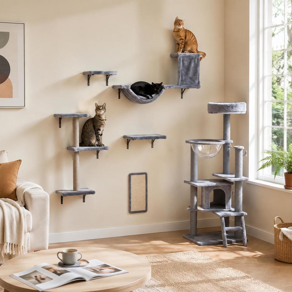 Image of Cat Climbing Wall With Cat Tree & Cat House With Bridge-grey