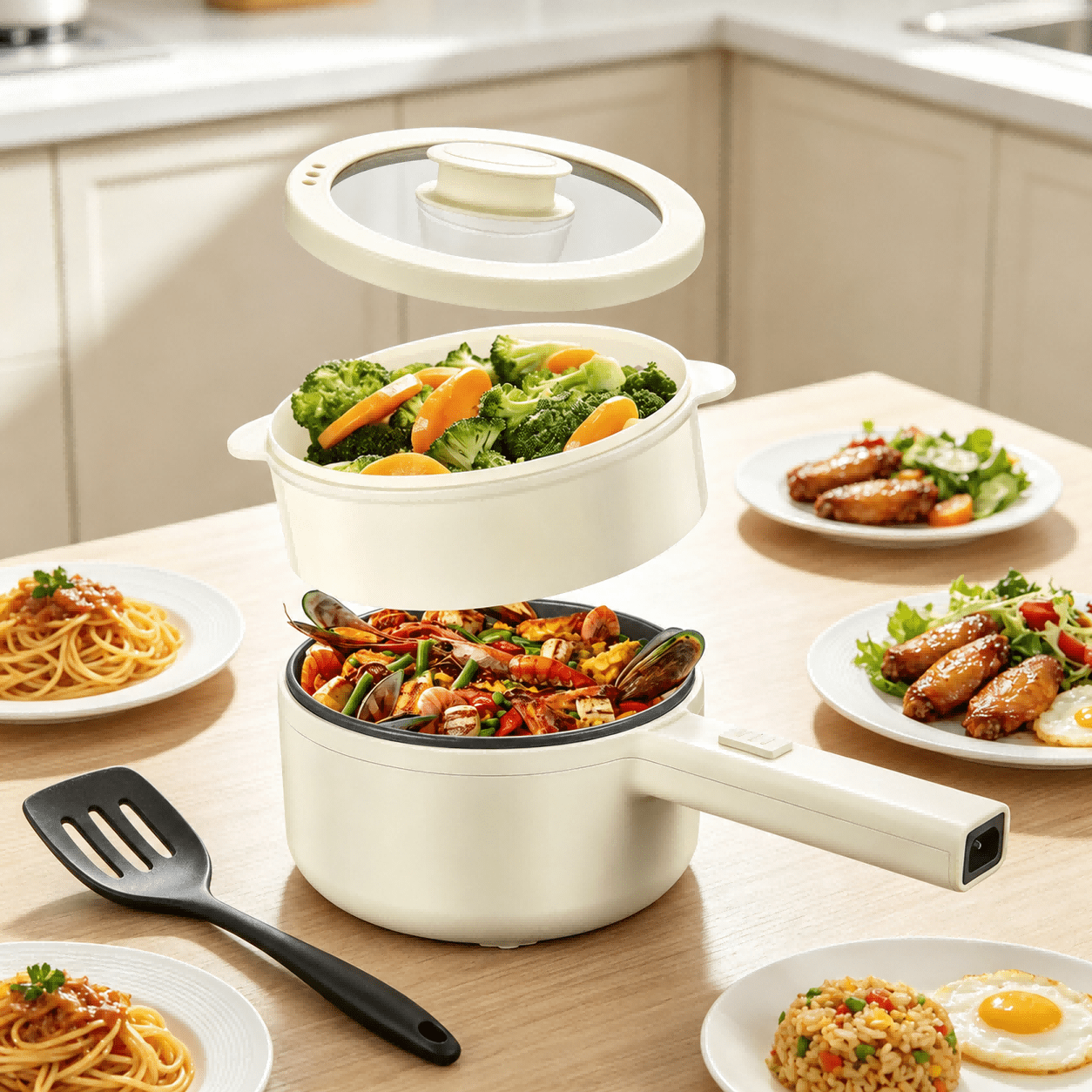 TEMU 1.6l Electric Hot Pot With Steamer, Electric Frying Pan, Portable Personal Ramen Cooker For Steak, Egg, Fried Rice, Oatmeal & Soup, Ideal For