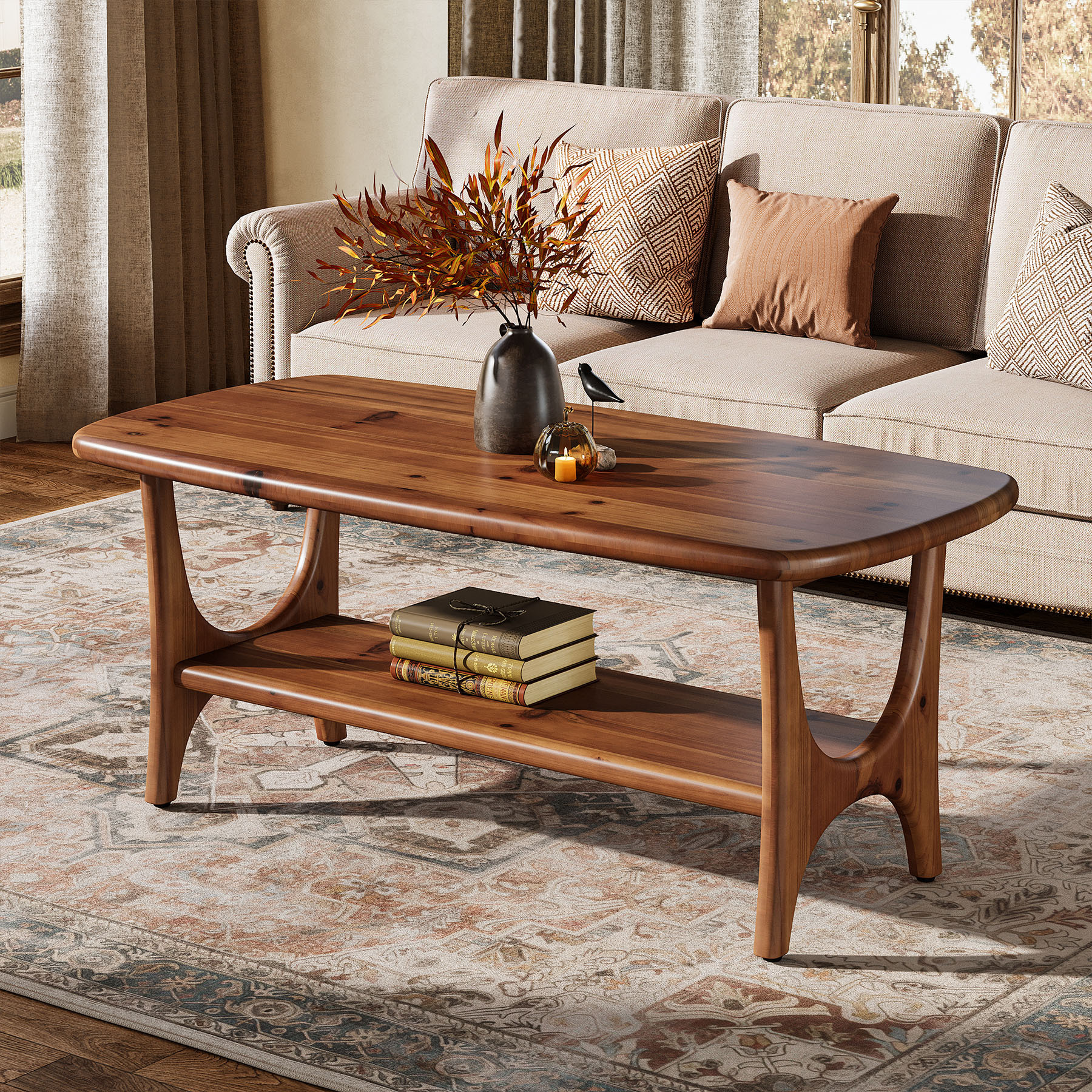 TEMU Solid Wood Coffee Table, 47.24 "medieval Modern Rectangular Living Room Table, Double Layered Room