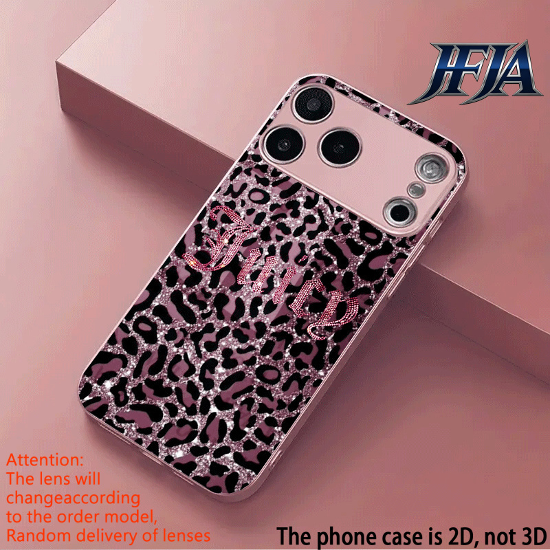 TEMU Phone Case - 2dflat 1 Random Leopard Print Luxury Pattern Pink Metallic Paint Tempered Glass Phone Case For Iphone