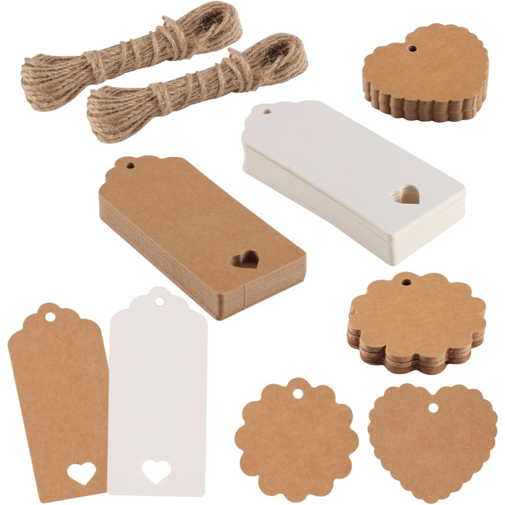 E-shop 100 Stück Geschenkanhänger aus Kraftpapier mit 16m Juteband - Handgemachte Etiketten für Hochzeits, Geburtstags- und Weihnachtsgeschenke,