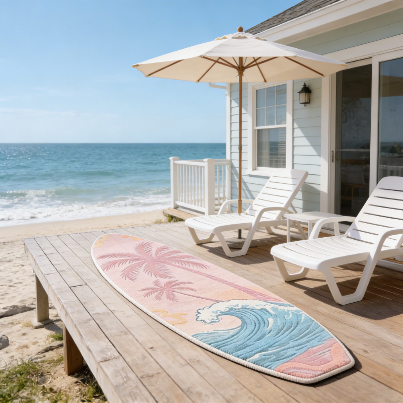 TEMU A Cute And Fresh Pink Surfboard-shaped Rug Made Of Imitation Cashmere, Weighing 900g And 9mm Thick, Featuring A Beach Coconut Tree Pattern,