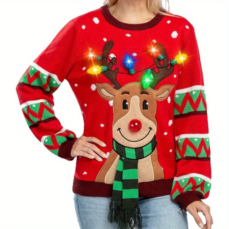 

Led Reindeer Christmas Sweater For Women - Cozy Acrylic Holiday Pullover With Light-up Ornaments, Parties & Family