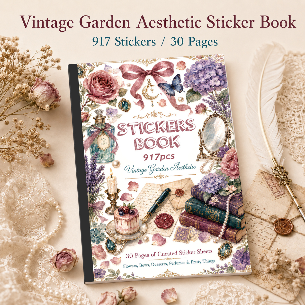 917pcs Vintage Garden Aesthetic Sticker Book, Pre-Cut Stickers, 30 Pages Dec