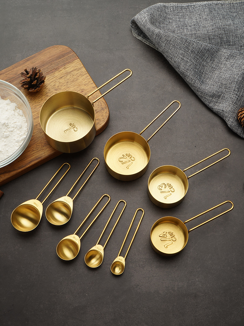 4 5 9pcs stainless steel measuring spoons and cups set round gold plated kitchen tools baking scale measuring spoons measuring cups for home kitchen use details 6