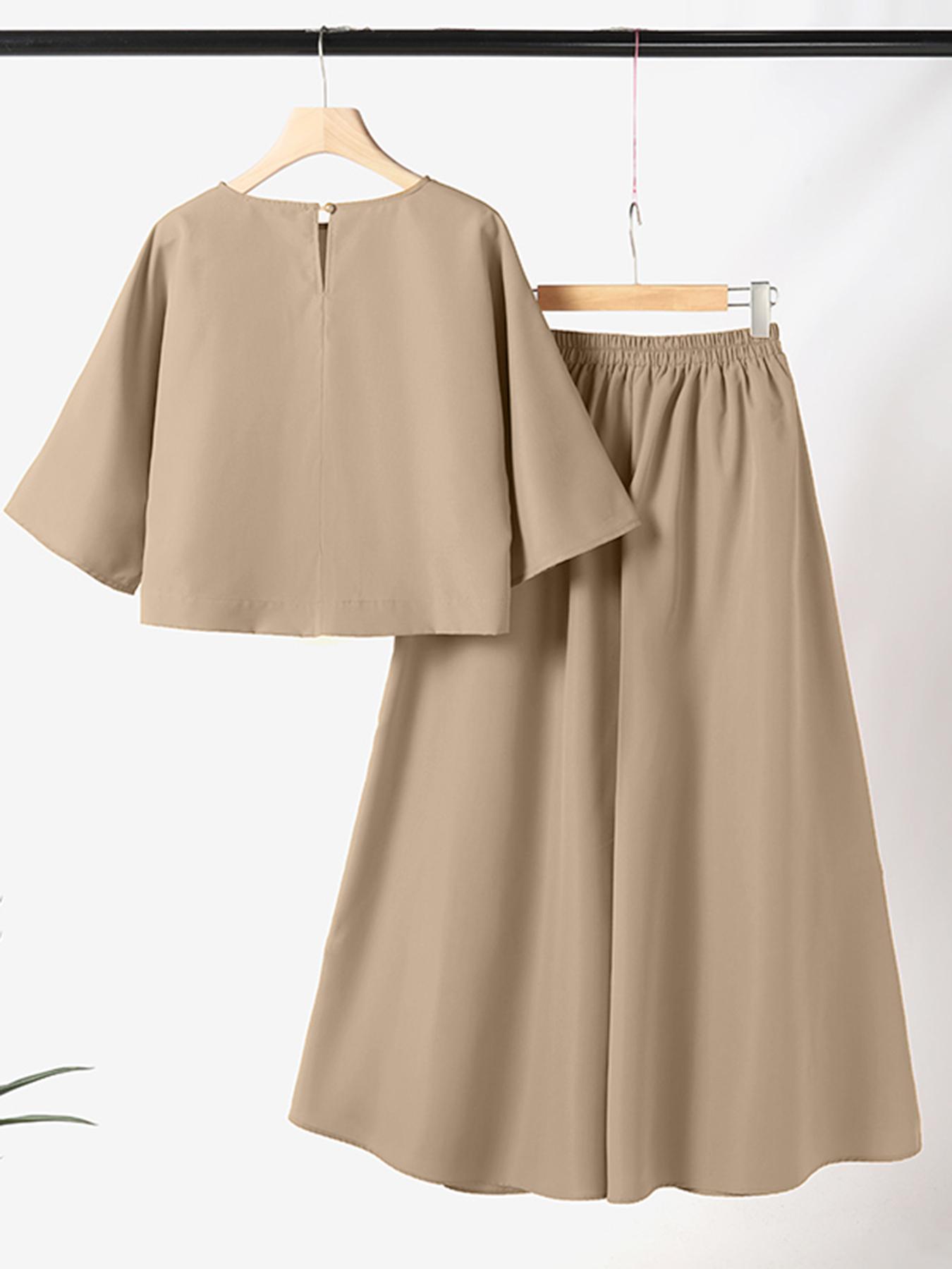 2pcs women sets oversized 3 4 sleeve blouse round neck baggy   and pants wide leg long trousers suits lightweight solid simple casual loose outfit plus size details 2