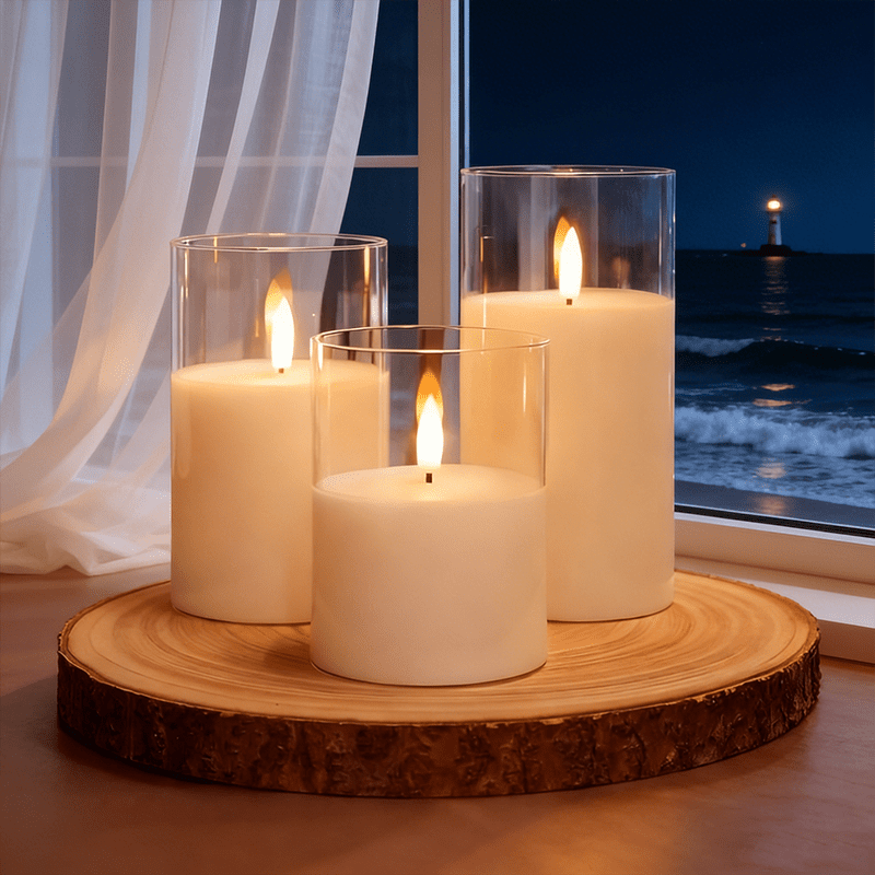 TEMU 3pcs Set Of Realistic Led Candle Lights - Soft Flameless Glow, Battery-powered Led Pillar Candles In Transparent White, Suitable For Wedding