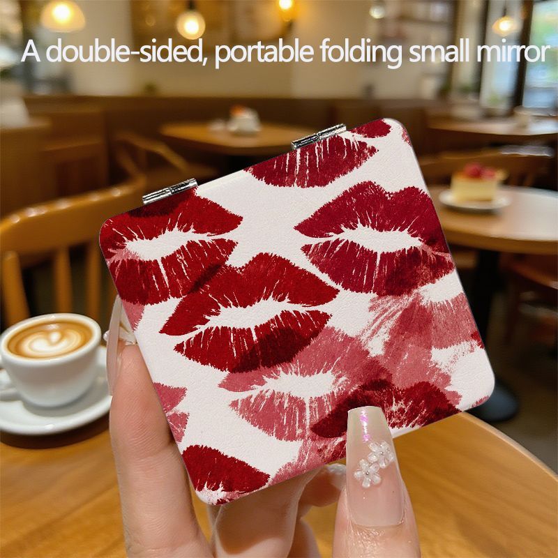 TEMU Personalized Fashion Red And Pink Contrast Square Compact Mirror European And Makeup Mirror Portable Mini Handheld Mirror Student Cute Cartoon
