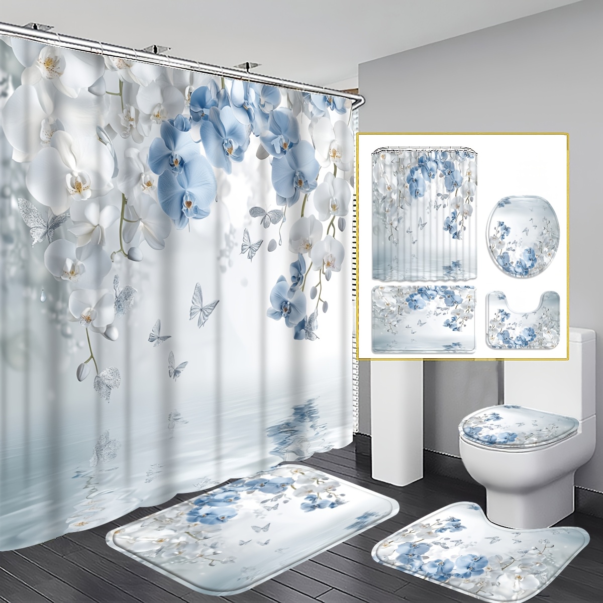 TEMU 4pcs- Shower Curtain Set| Exquisite Bathroom Decoration, U-shaped, Toilet Seat Cover, 12 Hooks, 70.87x 70.87inch Curtain, Polyester Material,