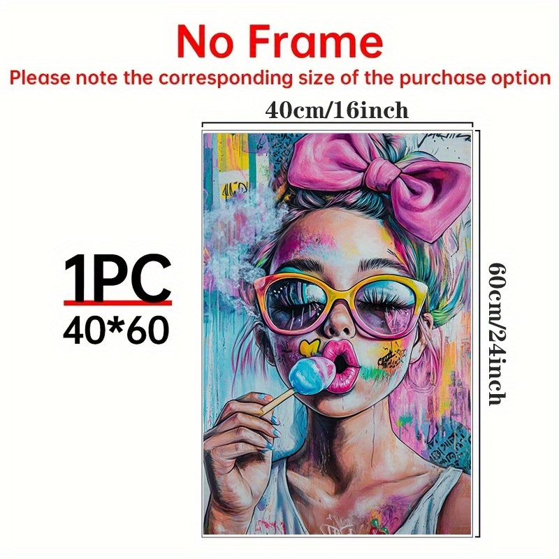 E-shop 2D Flach, 2D Flach, 1 Stück Lebendige Leinwandkunst mit einer farbenfrohen Mädchen, die stylische Brillen und auffälliges Make-up trägt, ideal