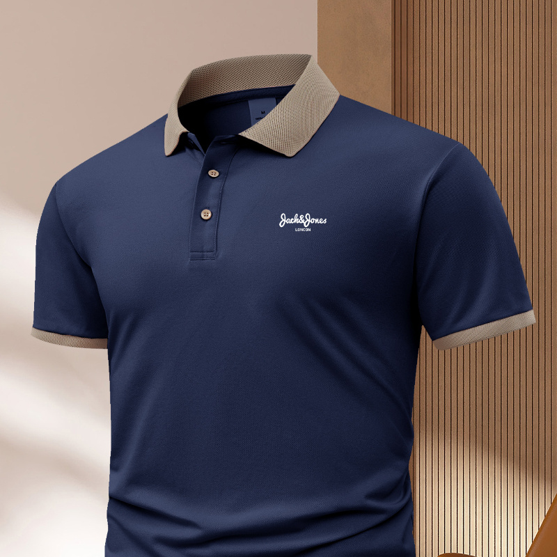 

Men's Casual Golf Shirt, 100% Polyester Knit Fabric, Geometric Pattern, Lapel Collar With Button Front, Regular Fit, Summer Short Sleeve Top - Navy Blue, Light Green, Khaki, Black