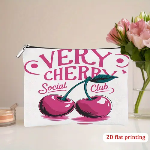 1pc makeup bag durable 2d flat printing zipper closure cosmetic pouch with vibrant cherry design ideal for travel everyday use beach accessory vibrant accessory zippered pouch