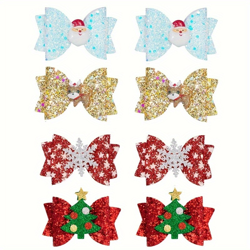 

8pcs Christmas Reindeer & Sequin Bow Hairpins Set - Leather Holiday Party Accessories For Women And Girls