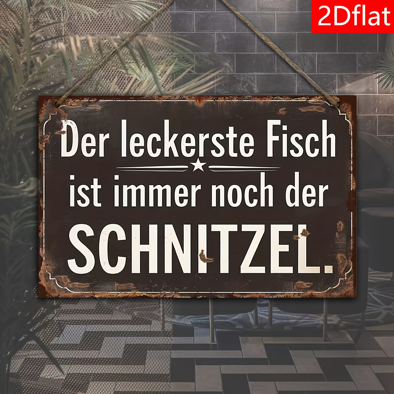 Image of 2d Flat, 2d Flat "the Fish Is Still The " Funny German Quote Wooden Wall Sign, 2d Flat Printed Decor With Rustic Brown Background, Retro Food Humor Rectangular Hanging Plaque For Restaurant Decoration