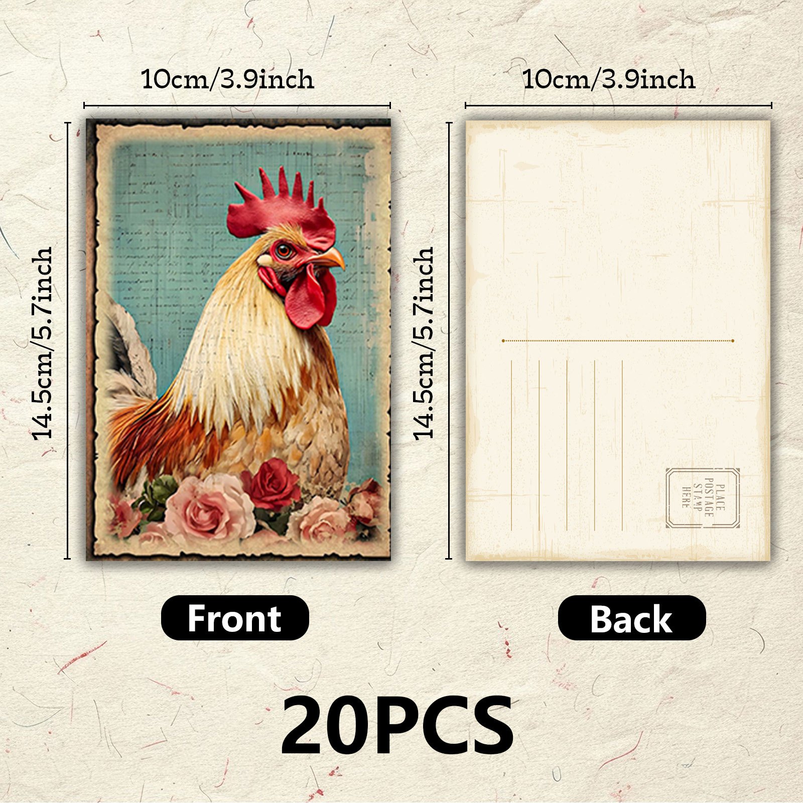 TEMU Vintage-style Rooster And Floral Themed Postcards, 20 Unique Patterns, Artistic And Fresh Journal Decoration Message Cards, Creative Greeting
