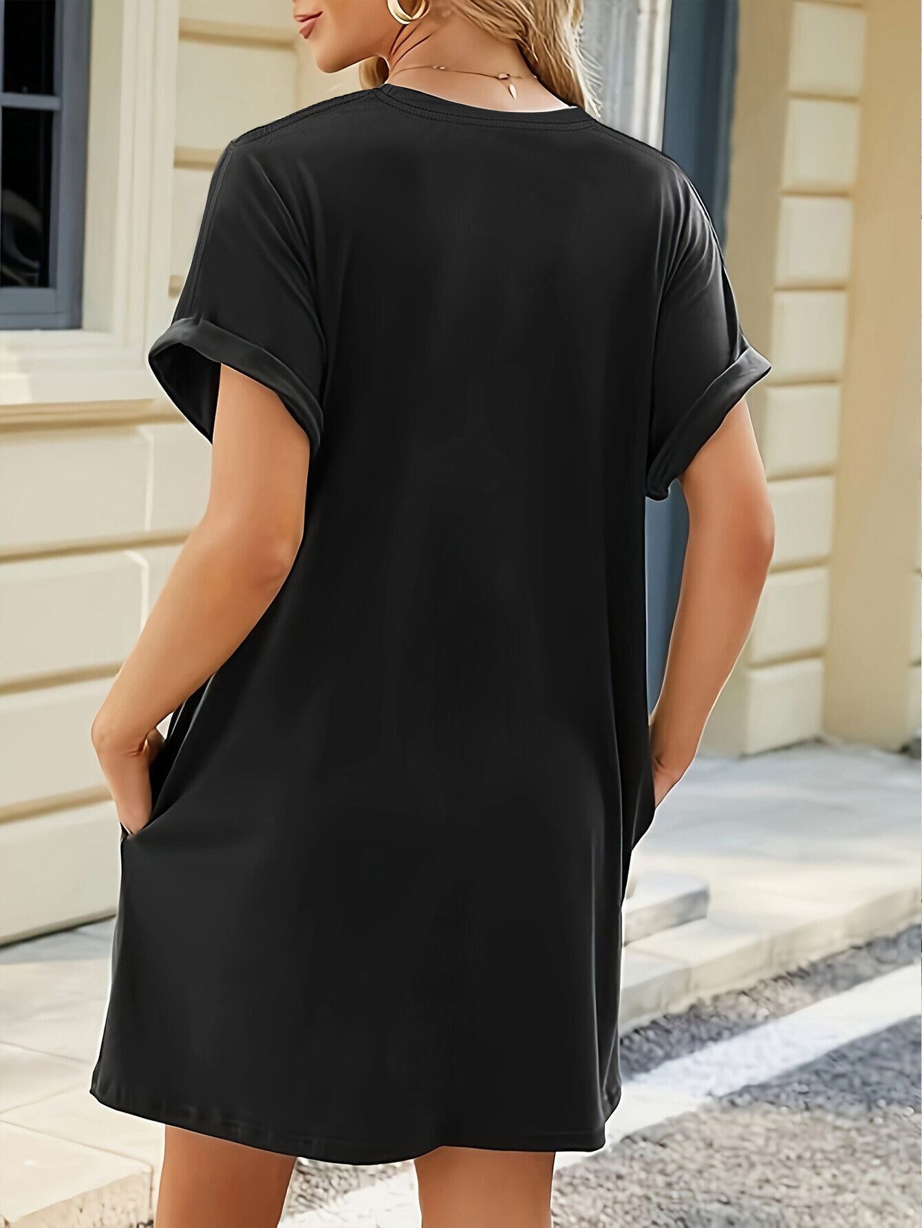 Women'S Casual Polyester T-Shirt Dress with Whimsical Cat Graphic,  Short Sleeve Round Neck Midi Dress for Summer, Machine Washable, Black