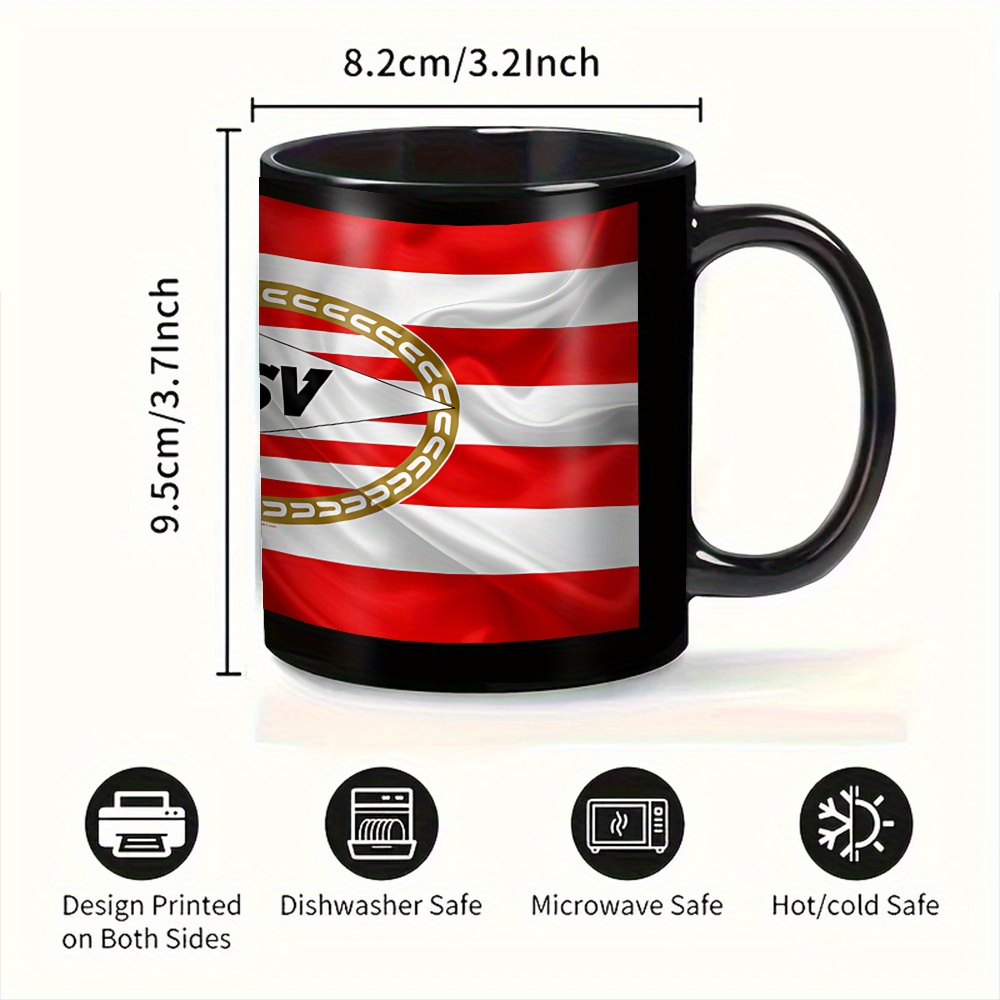 1pc 11oz PSV Logo Keramische Mok - Duurzame Beker voor Heet & Koud Drankje, Zwart met Rode & Witte Strepen, Gouden Cirkel Ontwerp - Ideaal voor Kantoor, Thuis, en Cadeau