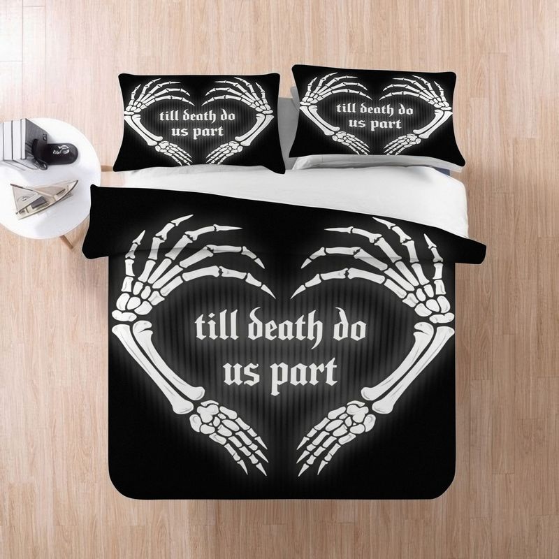 set of 3 gothic skeleton hand heart duvet cover skull bedding with the theme   do us part black and white halloween style bed soft microfiber bedroom decoration perfect romantic gift for couples   1 duvet cover and 2 pillowcases Product details 4