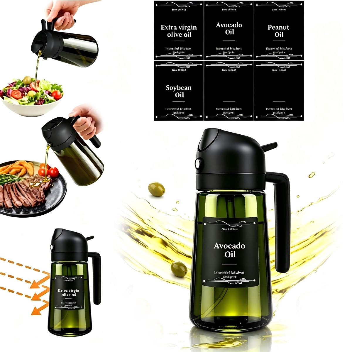TEMU Dispensador y rociador de aceite de oliva de vidrio , botella de aceite de vidrio prémium de 16 oz con negra , boquilla con mango ergonómico, 6