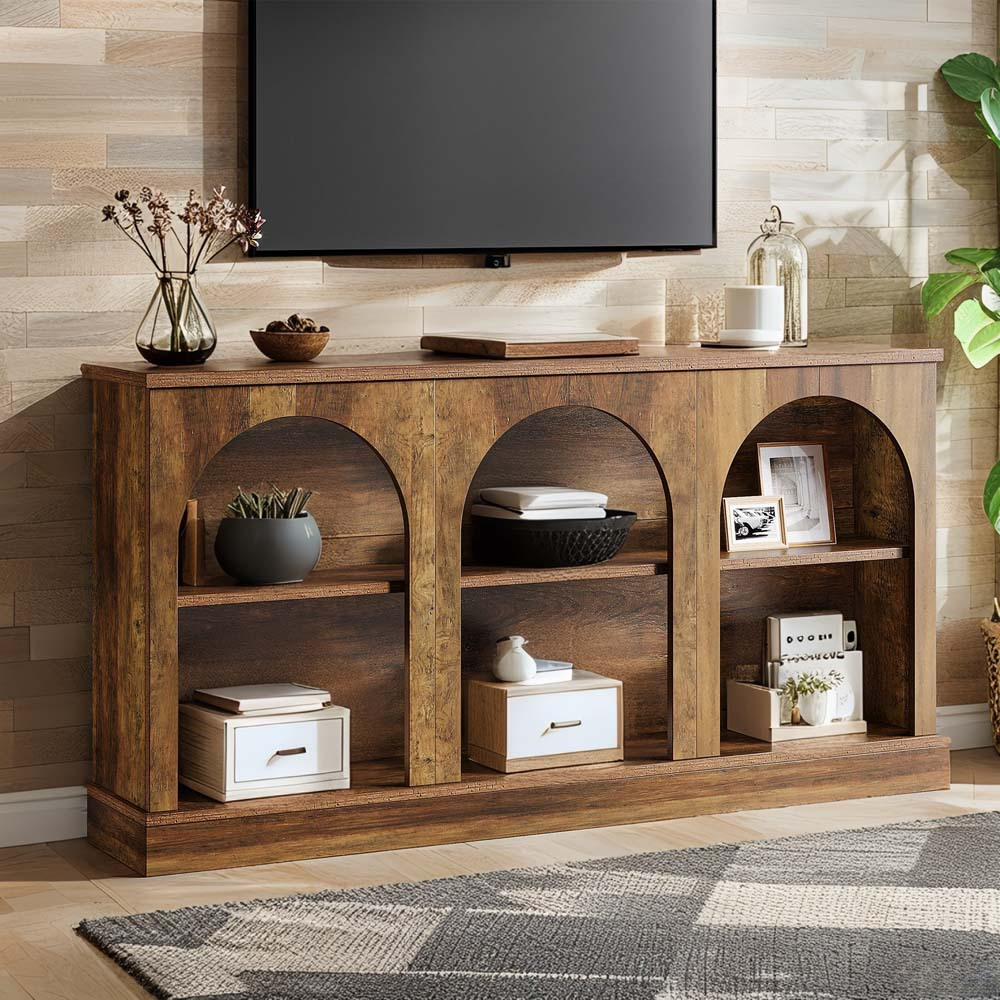 Console Table - 63-inch 3-tier Entryway Sofa Table With Wood Top & Frame, Space- Suitable For Hallway, Living Room, Behind Couch, , Brown Table For Narrow Spaces