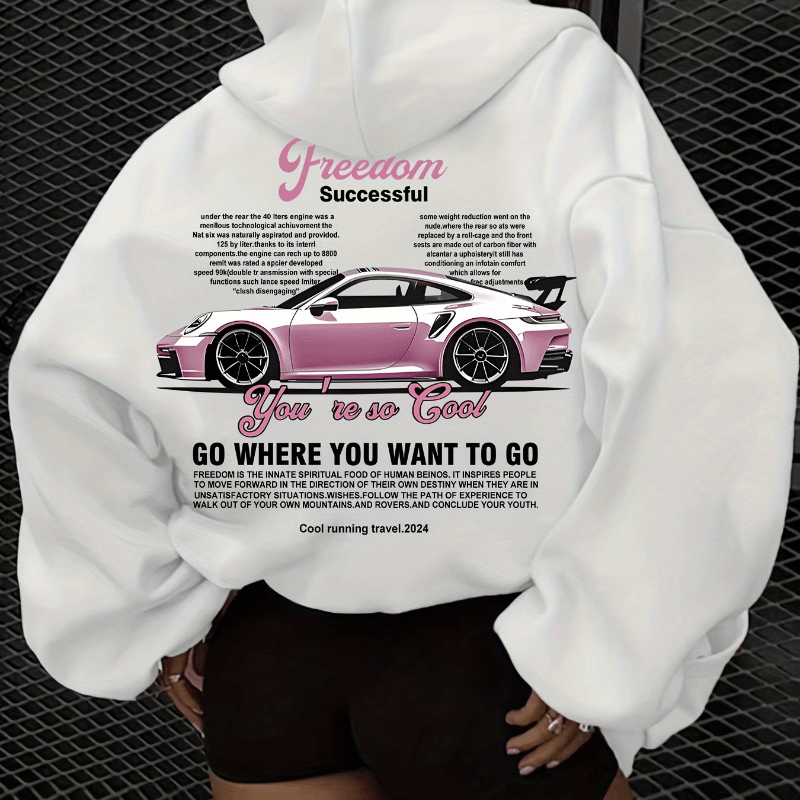 

Women's " & " Graphic Hoodie - Casual White Polyester Sweatshirt With Pink Sports , Drawstring, Machine Washable For Fall & Winter, Print, Hooded