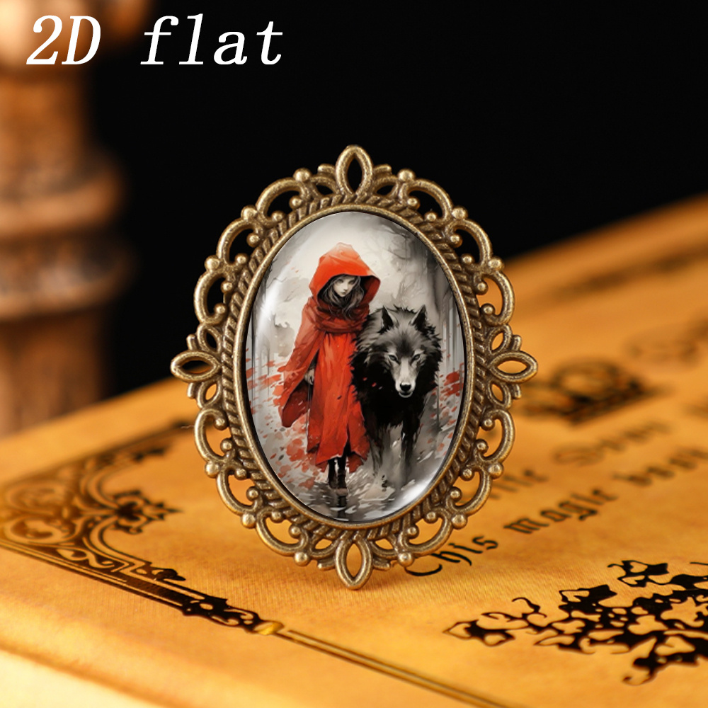 TEMU 1pc And Black Wolf Tale Oval Glass Badges, 2d Flat Design Glass Pattern, Versatile Ornament For Clothing And Backpacks, Unisex Vintage Hollow