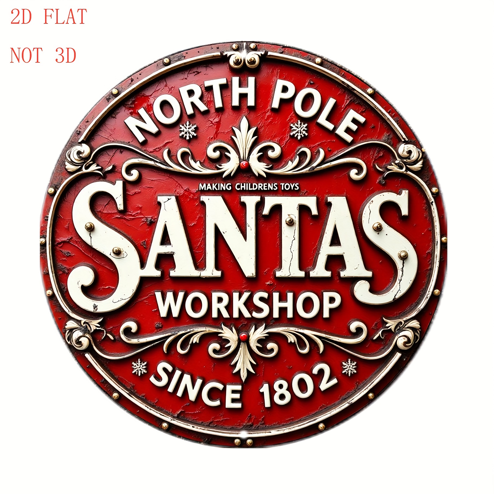 TEMU 2d Flat, 2dflat 2d Flat Christmas Ornament, 1pc, Vintage Workshop Arctic Christmas Sign - Red And Golden Holiday Decoration With Floral Accents,