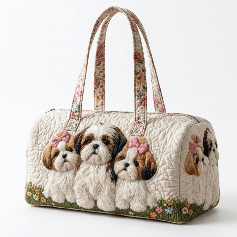 TEMU Women Large 3d Embroidered Shih Tzu Print Quilted Duffle Tote Bag, Cute Puppy With Bow Floral 3d Quilted Shoulder Handbag, Machine Washable Easy