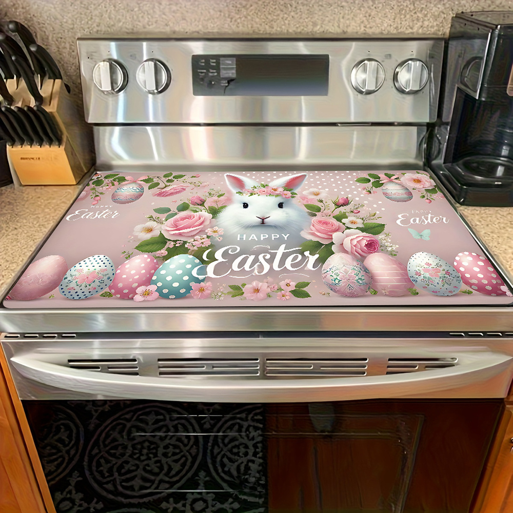 TEMU 1pc Easter Stove Cover Protector Easter Bunny With Flowers And Decorated Eggs Pattern, 28.3x20.4in, Easy To Clean For Kitchen, Washing Machine, Dryer, Stovetop Panel Protector