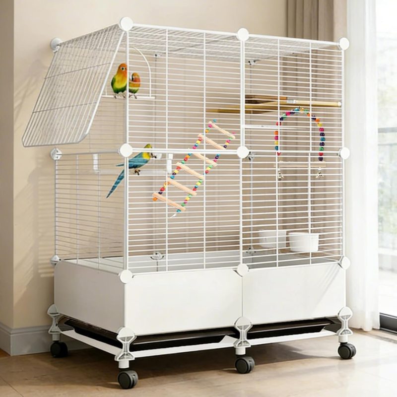 Bird Cage, 101.6cm Large Bird Cage, 2-Tier Widened Movable Parakeet Cage with Wheels, Cockatiel Cage Parrots Conure Budgie Canary Finch Lovebird, Spacious Interactive Bird House with Bottom Tray
