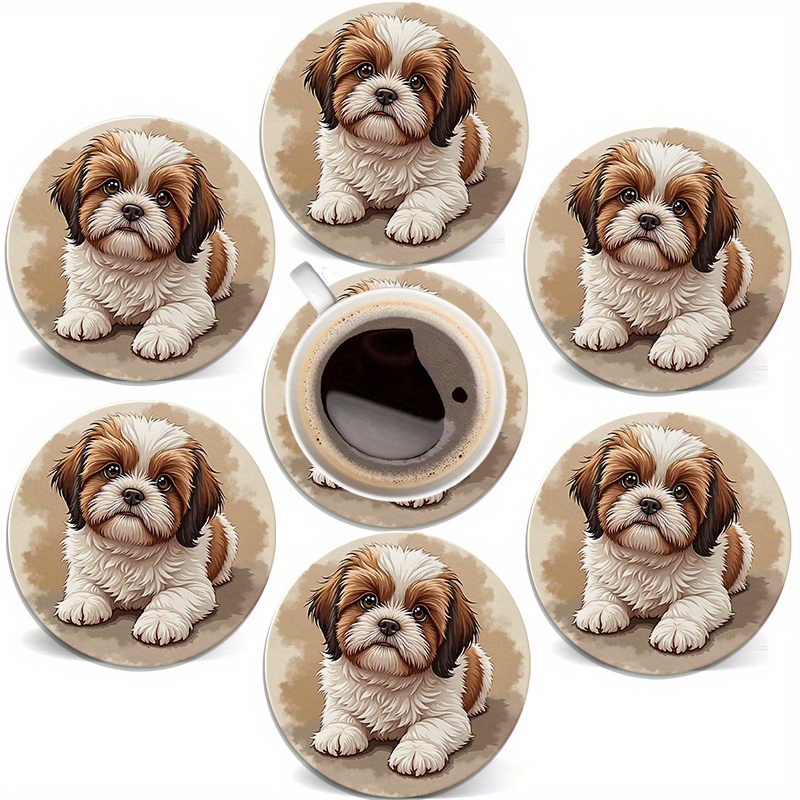 TEMU Set Of Wooden Coasters - Featuring A Realistic Fluffy Shih Tzu Design In A - Suitable For Office, Home, Kitchen, Tabletop, Anniversaries,