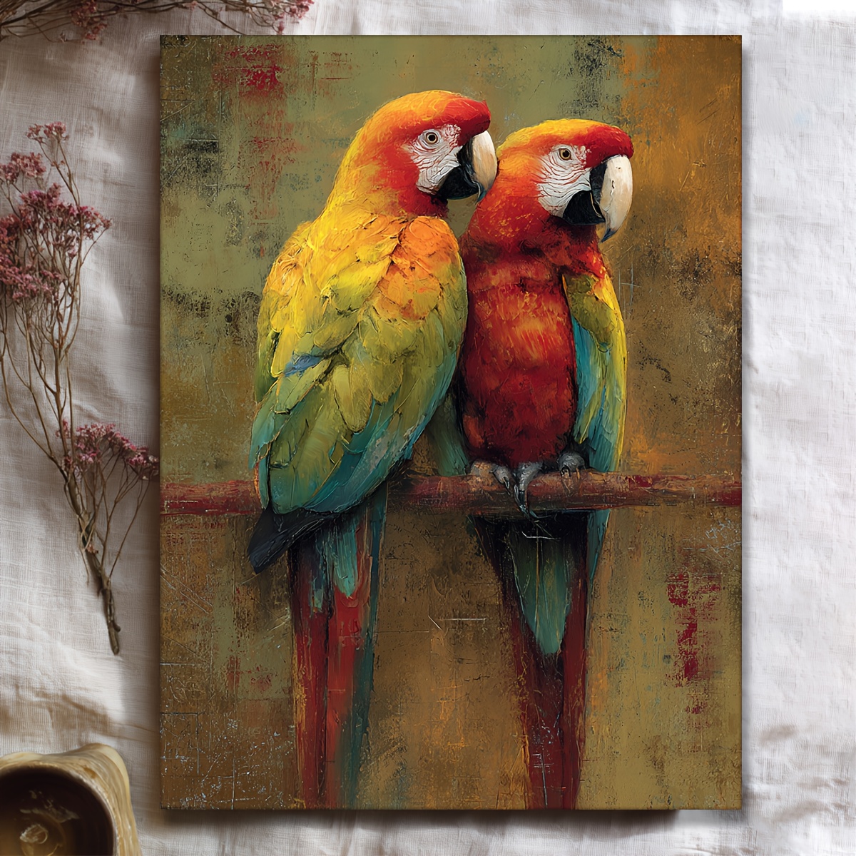TEMU 2d Flat, 1pc,, 30.48x40.64cm[2d Flat] Style Gifts, Parrot Painting Print Canvas Art, Parrot Art Canvas, Animal Art Canvas, Parrot Couple Art,
