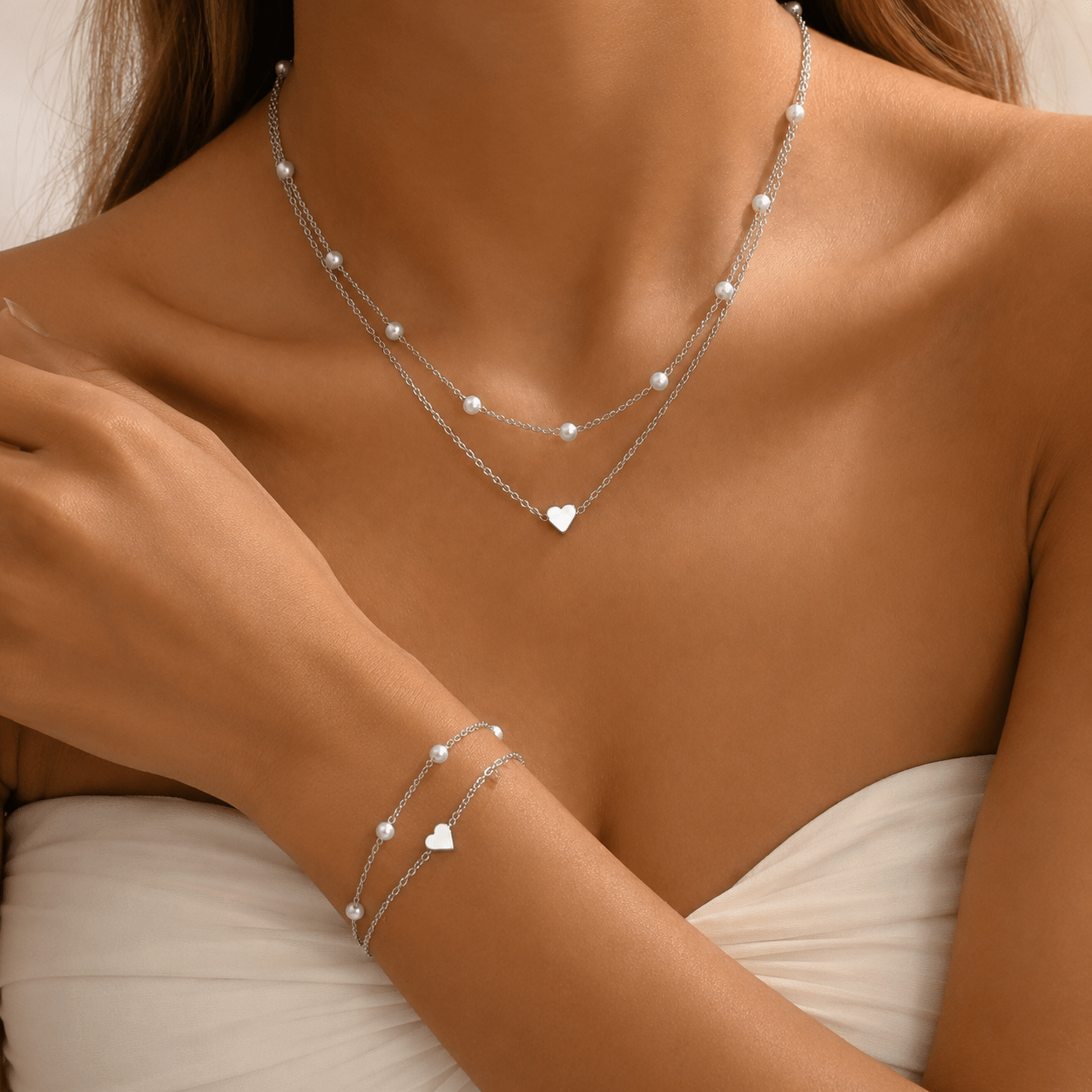 Image of ( Random), 1 Bracelet + 1 Necklace, -shaped Adjustable Chain Jewelry, For Daily Wear, Vacations, And Parties, Valentine's Day Gift, Birthday Gift