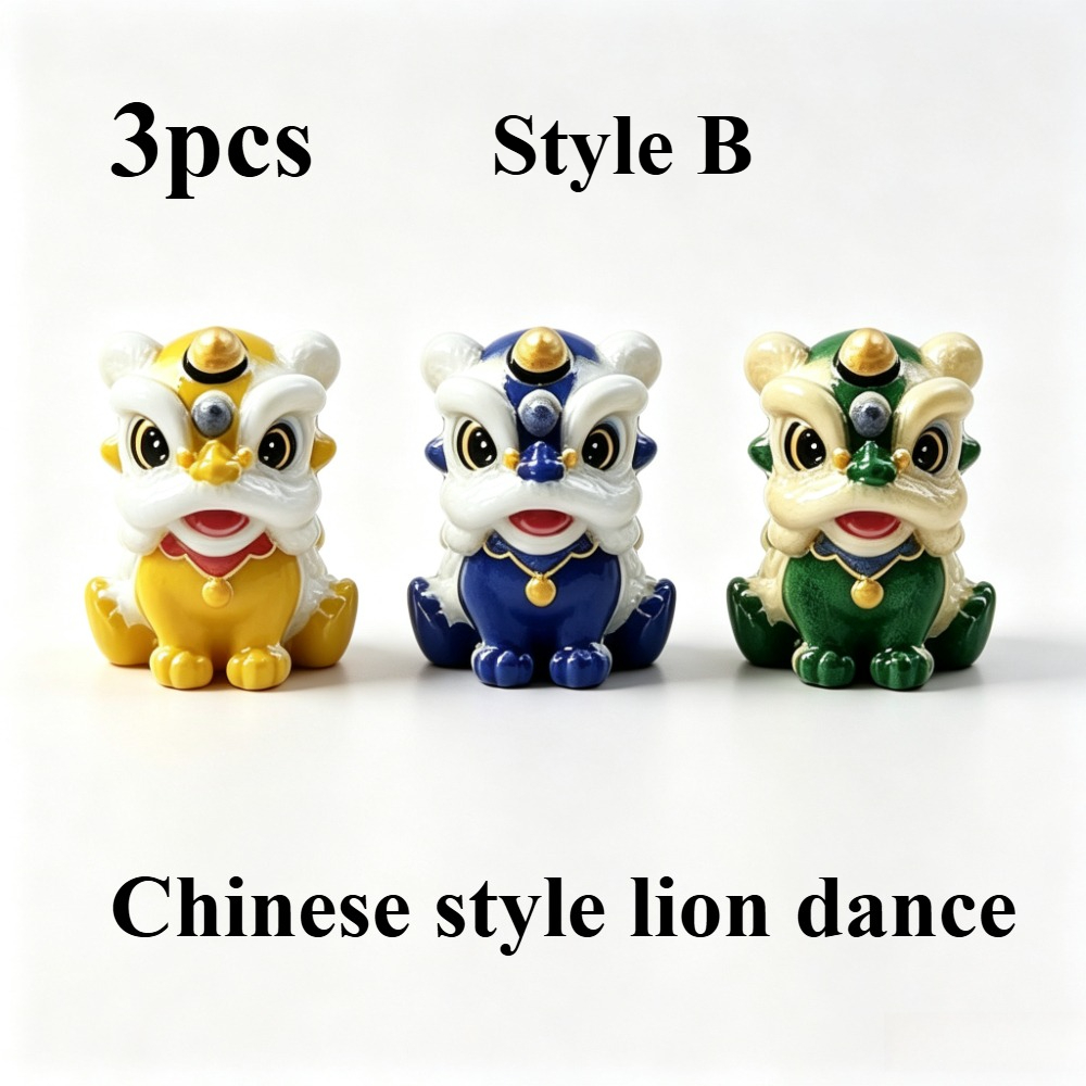 TEMU 3pcs Set, Simulated Mini Chinese Style Lion Dance Model, Dollhouse Decoration, Resin Material, Miniature Scene Shooting Props