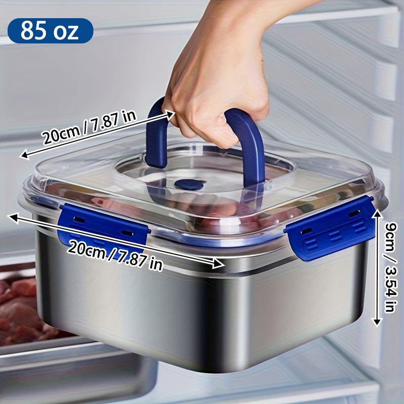TEMU 80/60 Oz Extra Large Stainless Steel Food Storage Box With Blue Lid- Sealed, Reusable, Perfect For Refrigerator And Lunch Bags, Essential ,