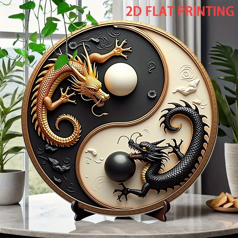 TEMU 2D Plat - 1pc 2D Plat 2D Plan 1pc Rond Yin Yang Dragon Décoration Murale en Bois - Style Américain Doré Design Ornement de Porte à Suspendre,