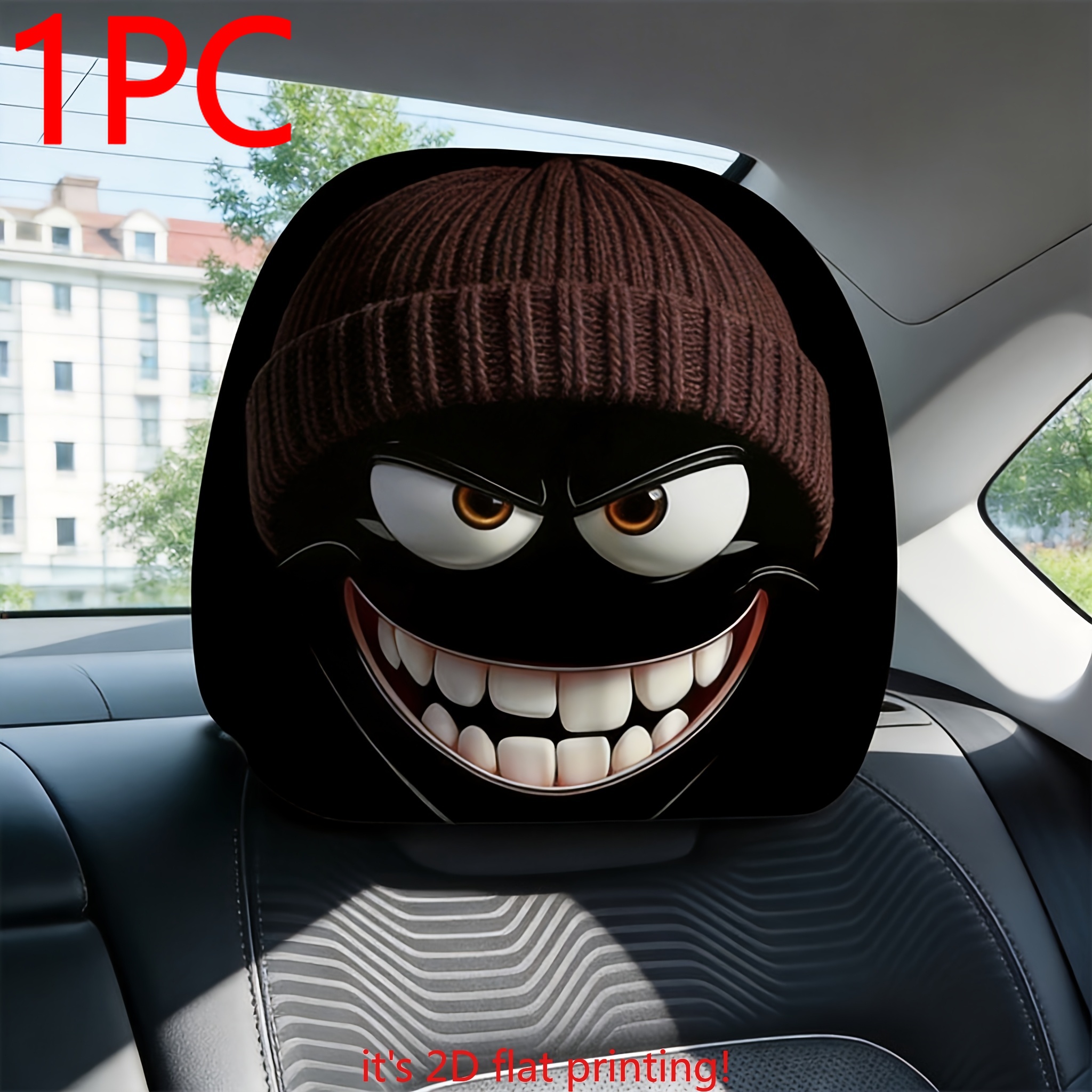 TEMU 1pc Car Headrest Cover, Grinning Black Face With Brown Hat Print, 2d Flat Printing, No Filling, Stretchable Universal Fit, Car Interior Decor