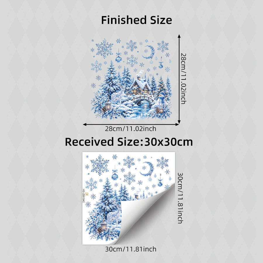 TEMU 1pc Elegant Blue Winter Christmas Window Clings, Snowy Cabin Forest Scene With , Snowman, Large Blue Snowflakes & , Decor For Living Room,