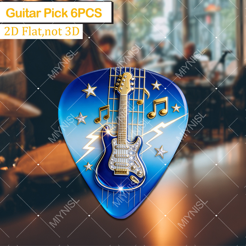 TEMU Un ensemble de 6 médiators de guitare 2D plats mettant en valeur une guitare électrique entourée de notes musicales, d' et de foudres, conçus