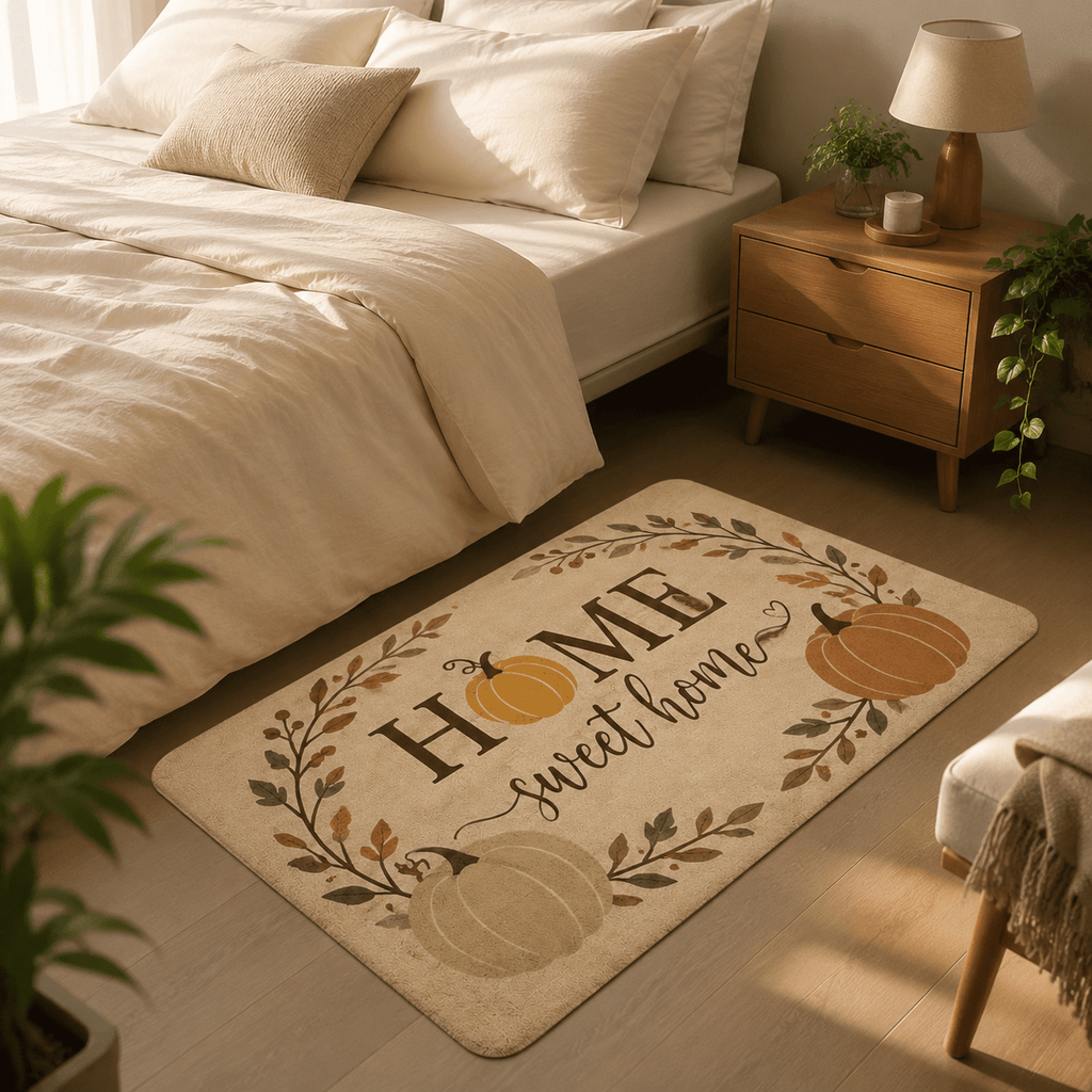 TEMU 2d Flat, 1pc 2d Flat Bath Rug Flannel Rectangular Printed Floor Mat With Pumpkin And Autumn Leaf Wreath Sweet Home Letter Print Beige Rustic
