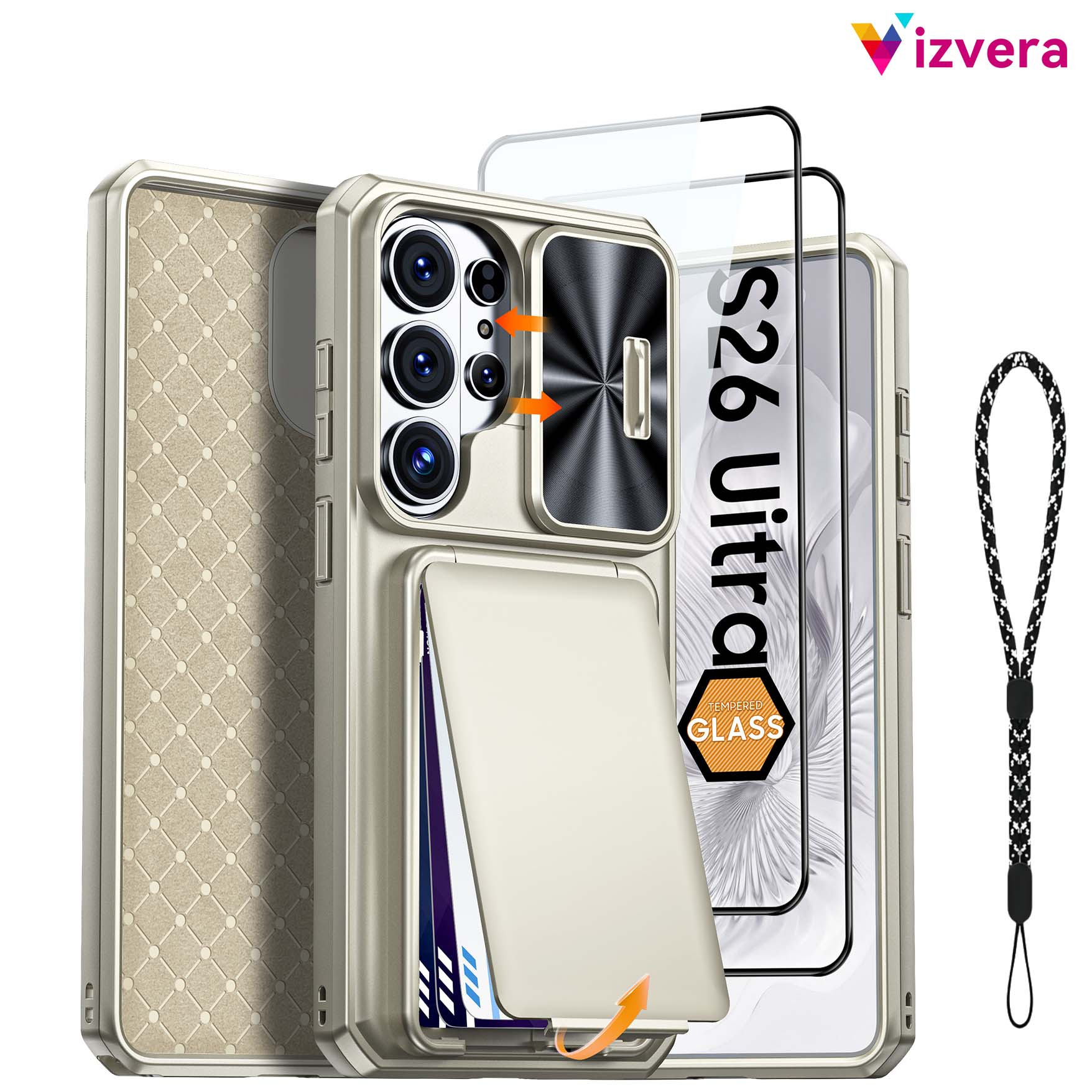 TEMU Phone Case - Vizvera, Compatible With For Galaxy S26 Ultra Case (comes With 2 Tempered Glass Screen Protectors) (includes Phone Strap), Card
