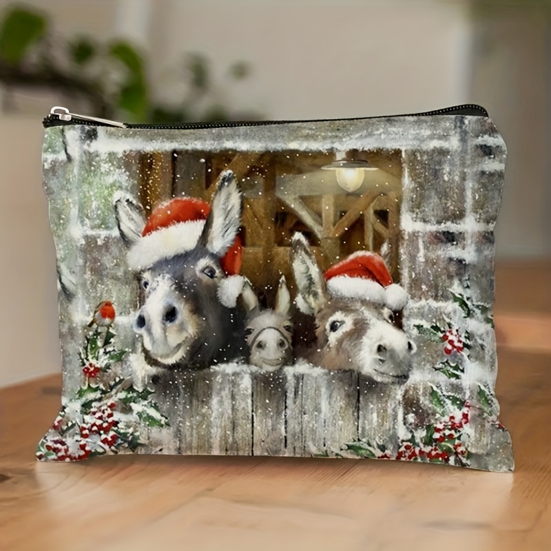 TEMU 1pc Women's Winter Christmas Donkey Makeup Bag | Double-sided Printed Polyester Cosmetic Pouch, Portable Multi-functional Storage, Large