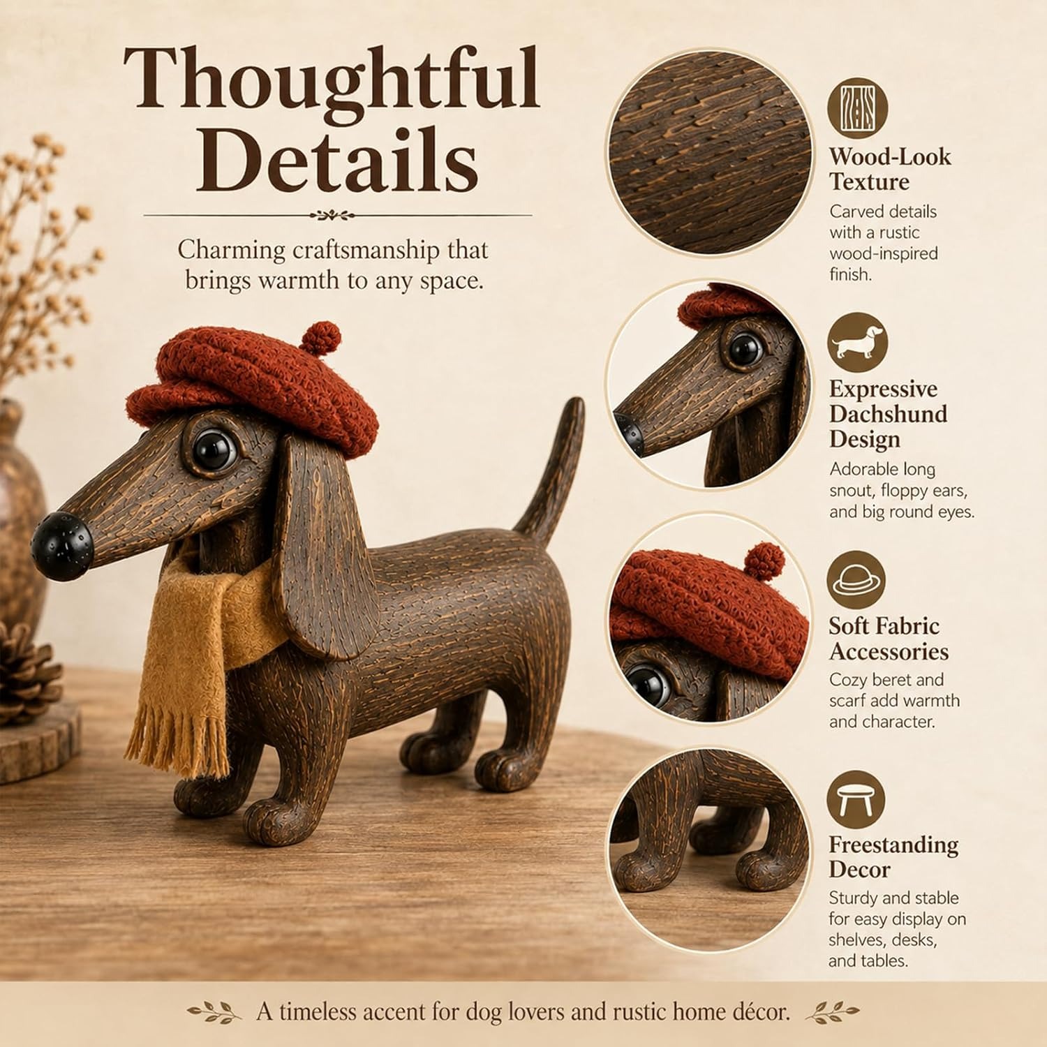 rustic dachshund figurine with hat and scarf vintage style dog statue farmhouse home desktop shelf decor housewarming gift Product details 4