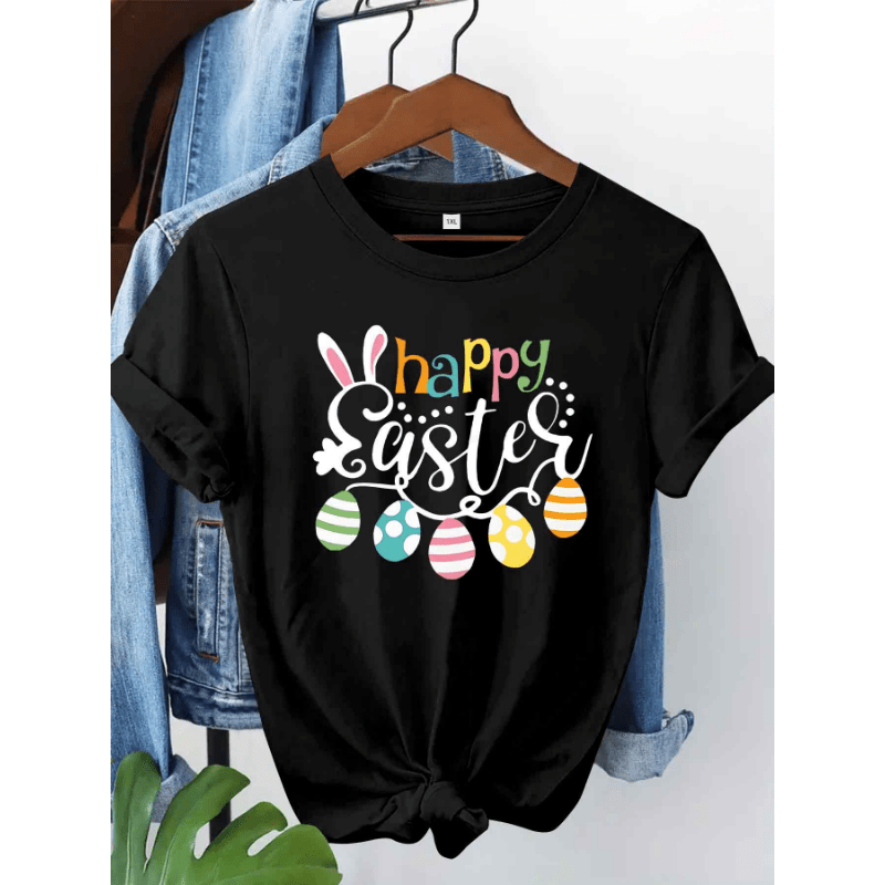 

Women's Plus Size Easter T-shirt, Casual Crew Neck Short Sleeve Top With Bunny & Eggs Print, 96% Polyester 4% Elastane, Stretch Knit Fabric, Summer Wear